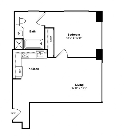 Floor plan for 1 bed, 1 bath, 485 sqft